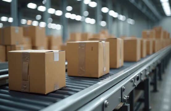 Cinta transportadora con cajas precintadas listas para su envío - Preparación de la primera etapa de FBA en un almacén