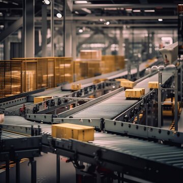 Cajas de cartón etiquetadas por Amazon en movimiento sobre cintas transportadoras automatizadas en un centro de distribución.