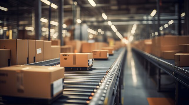 Cajas de Amazon FBA organizadas en un moderno centro de distribución de comercio electrónico