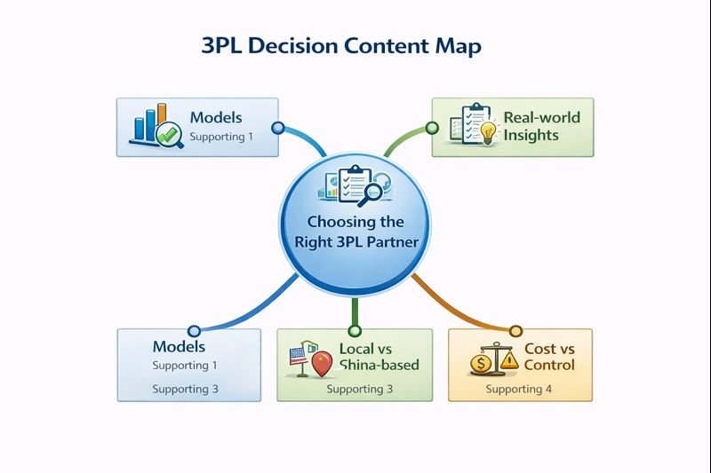 خريطة محتوى قرار 3PL التي توضح كيفية ارتباط صفحة الركيزة بالمقالات الداعمة عن مقدمي الخدمة، والرؤى، والاستيفاء المحلي، وتحليل التكلفة