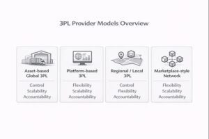 Overview of main 3PL provider models, comparing asset-based, platform-based, regional, and marketplace structures by control, flexibility, scalability, and accountability