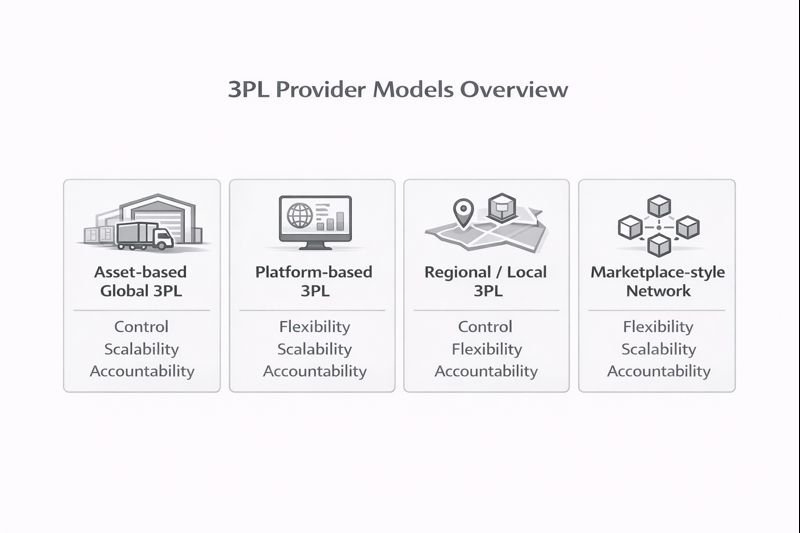Overview of main 3PL provider models, comparing asset-based, platform-based, regional, and marketplace structures by control, flexibility, scalability, and accountability