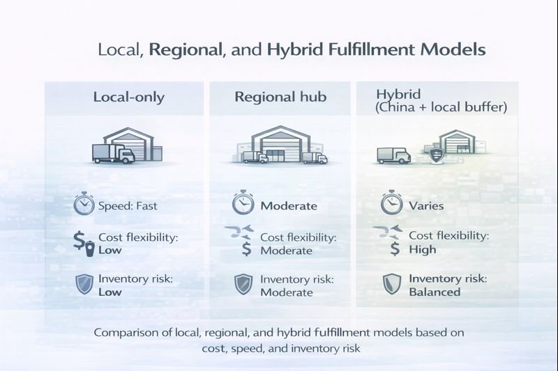 Comparison of local, regional, and hybrid fulfillment models based on cost, speed, and inventory risk