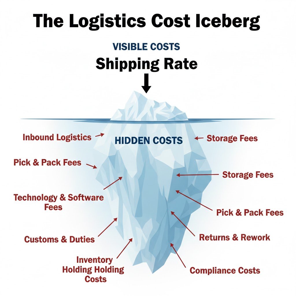 An infographic titled "The Logistics Cost Iceberg" showing "Shipping Rate" as the only visible cost above the water, while various hidden costs like storage, inbound logistics, and compliance fees are listed below the waterline.