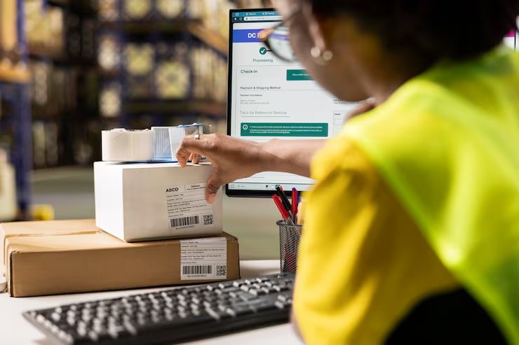 A high-efficiency logistics hub in Shenzhen processing North American Amazon FBA shipments with precision labeling and sorting for 2026 standards.