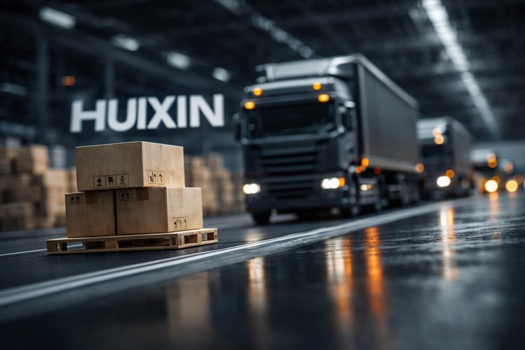 Camión logístico de la marca HUIXIN que transporta pedidos consolidados de comercio electrónico desde nuestro centro de cumplimiento de Shenzhen a destinos globales.