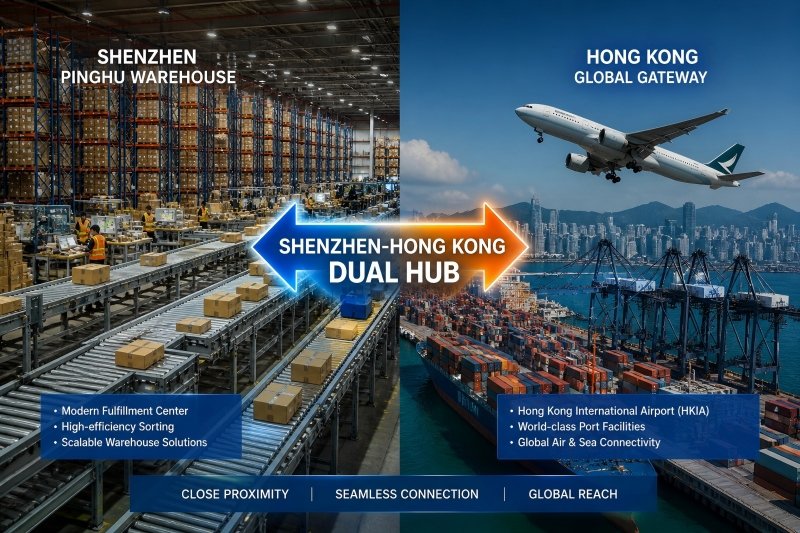 HUIXIN Dual-Hub supply chain illustration connecting Shenzhen operations and Hong Kong global gateway.
