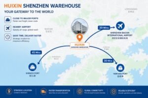Strategic map showing HUIXIN warehouse proximity to Yantian Port, Shekou Port, and Shenzhen Airport within 60 minutes.