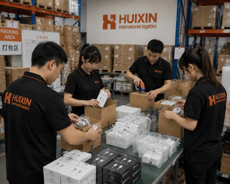 E-commerce warehouse team packing electronics at HUIXIN fulfillment center