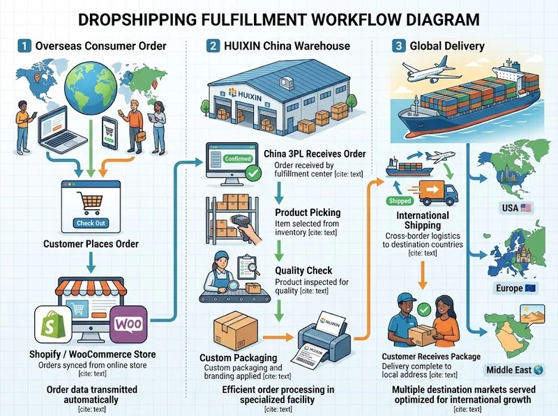 Processus de gestion des commandes en dropshipping en Chine, de la commande en ligne à la livraison au client, depuis l'entrepôt HUIXIN de Shenzhen