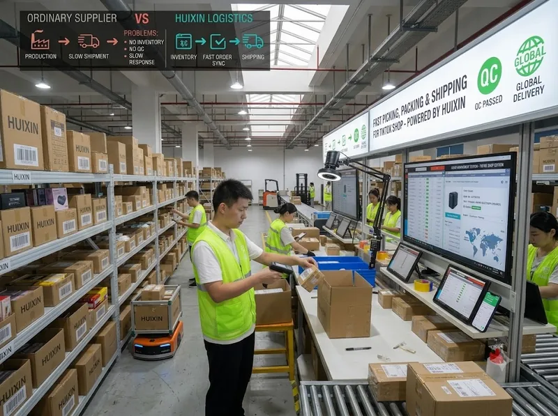 Recogida, embalaje y envío rápidos de los pedidos de TikTok Shop en el centro logístico de HUIXIN