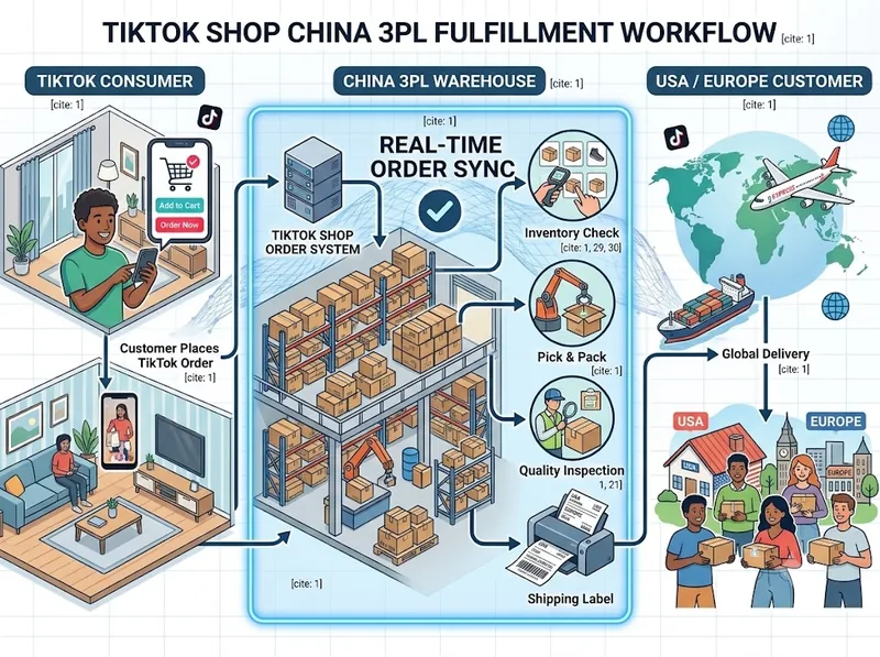 Flujo de trabajo de logística de TikTok Shop en China mediante un proveedor logístico externo (3PL): del proveedor al almacén y al centro de distribución de EE. UU.