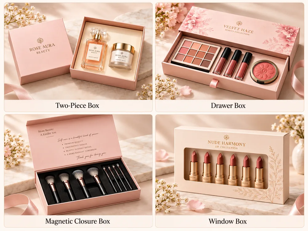 Beauty kit packaging options for 3PL fulfillment, including two-piece, drawer, magnetic closure, and window gift boxes