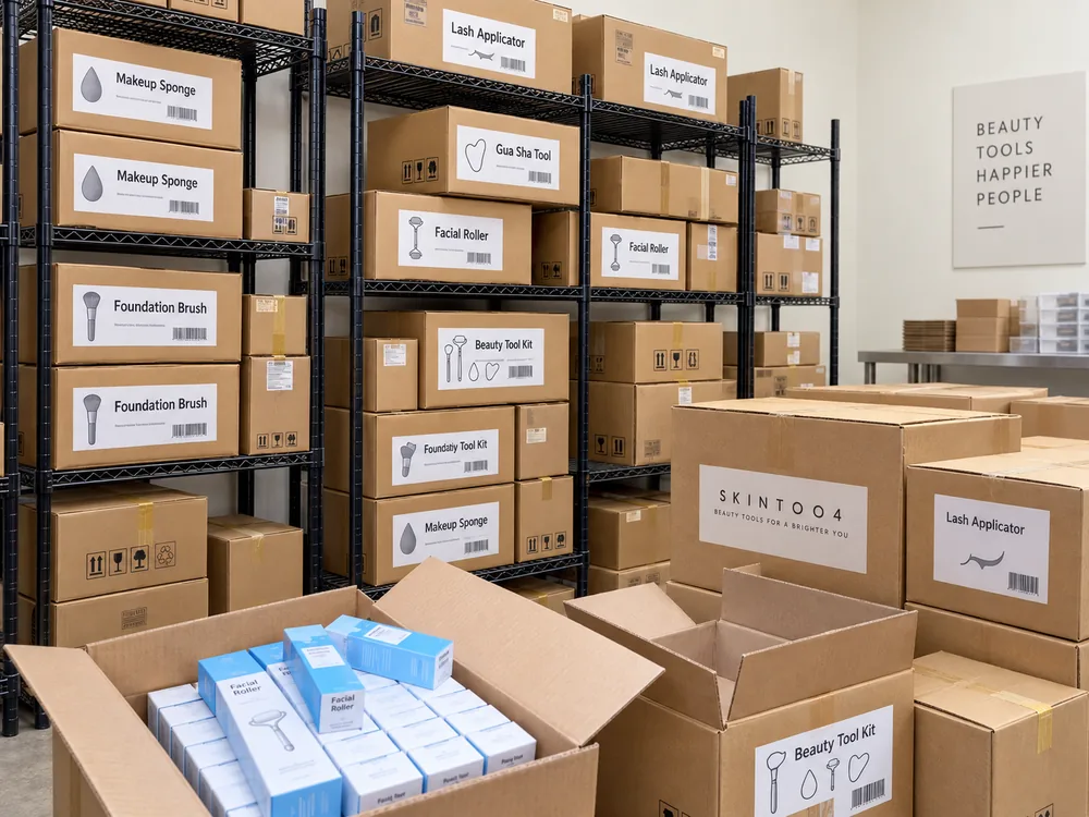 Warehouse shelving with beauty tool inventory at a HUIXIN 3PL China warehouse