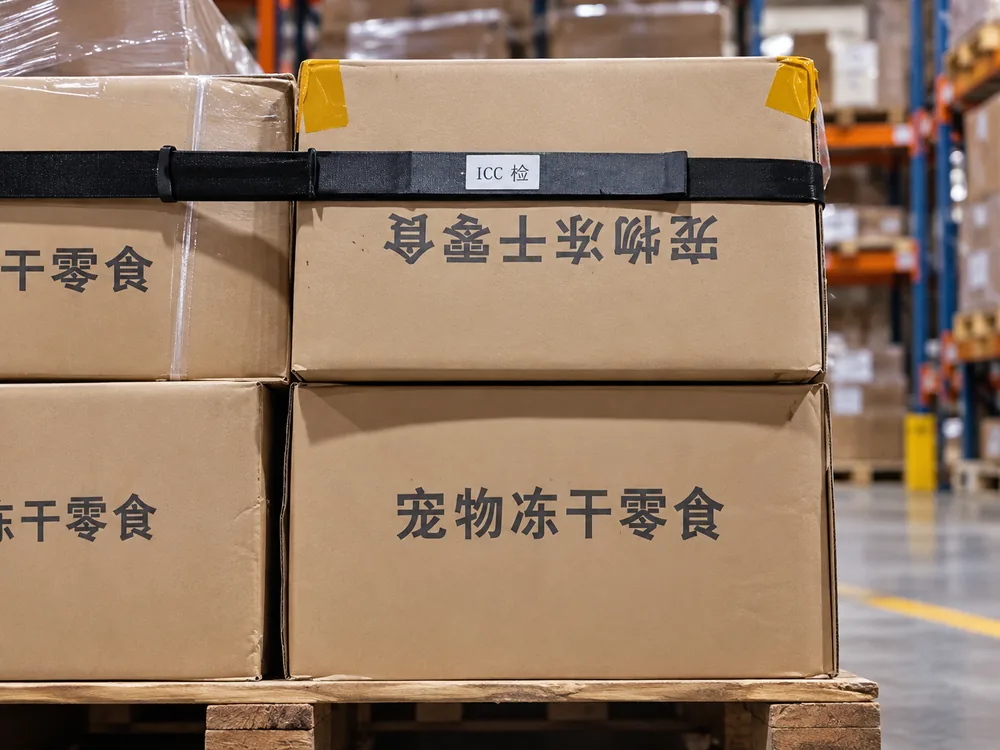 Pet freeze-dried treats stored and prepared for fulfillment at a China 3PL warehouse