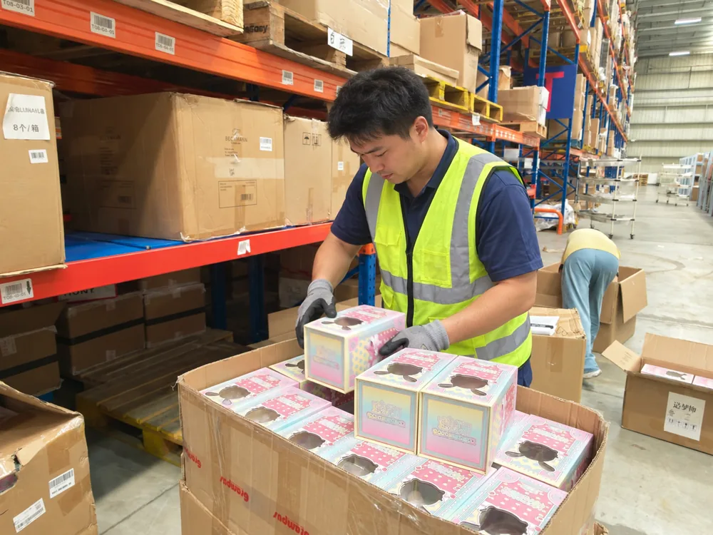 Warehouse worker packing toy and collectible products for 3PL fulfillment and shipping from China