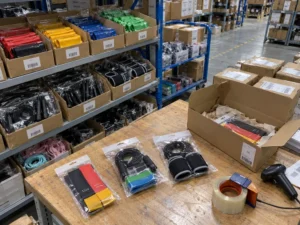 Resistance bands, skipping ropes and wrist supports prepared for fulfillment at a HUIXIN 3PL China warehouse