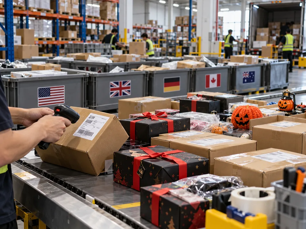 Halloween decorations and gift boxes prepared for international shipping at a HUIXIN 3PL China warehouse