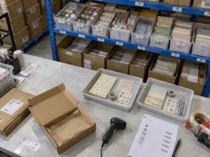 Ceramic mugs packed with cardboard dividers and protective paper at a HUIXIN 3PL China warehouse