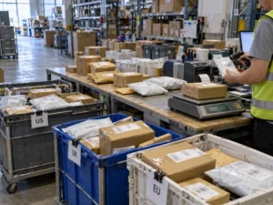Worker scanning parcels sorted for US, UK and EU shipping at a HUIXIN 3PL China warehouse